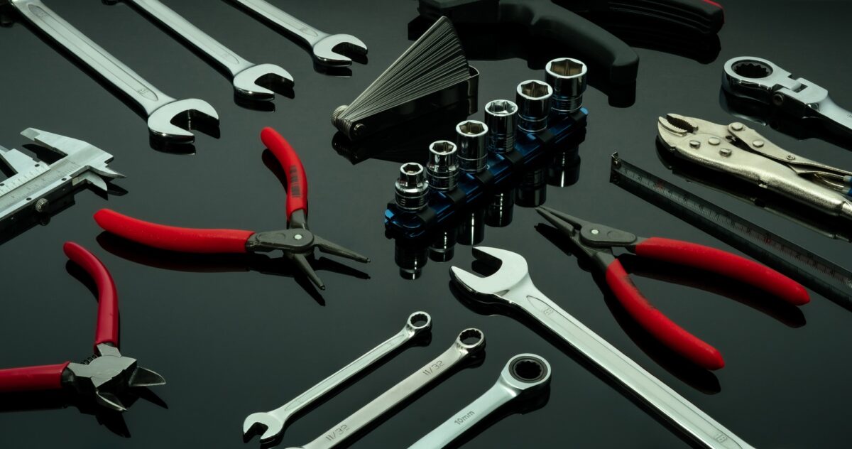 Set of mechanic tools. Chrome wrenches or spanners, hexagon socket, end cutter pliers, locking