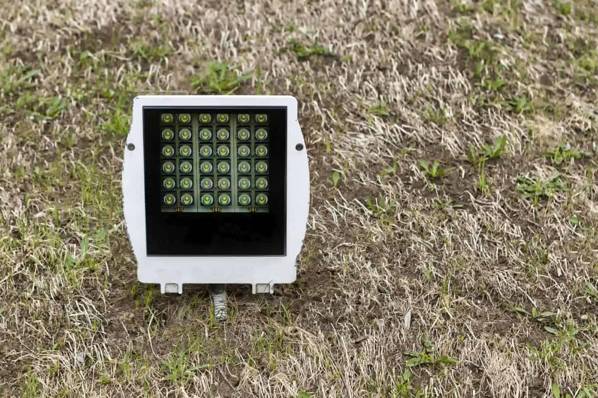 Led spotlight on the lawn. Day, horizontal shot front view.