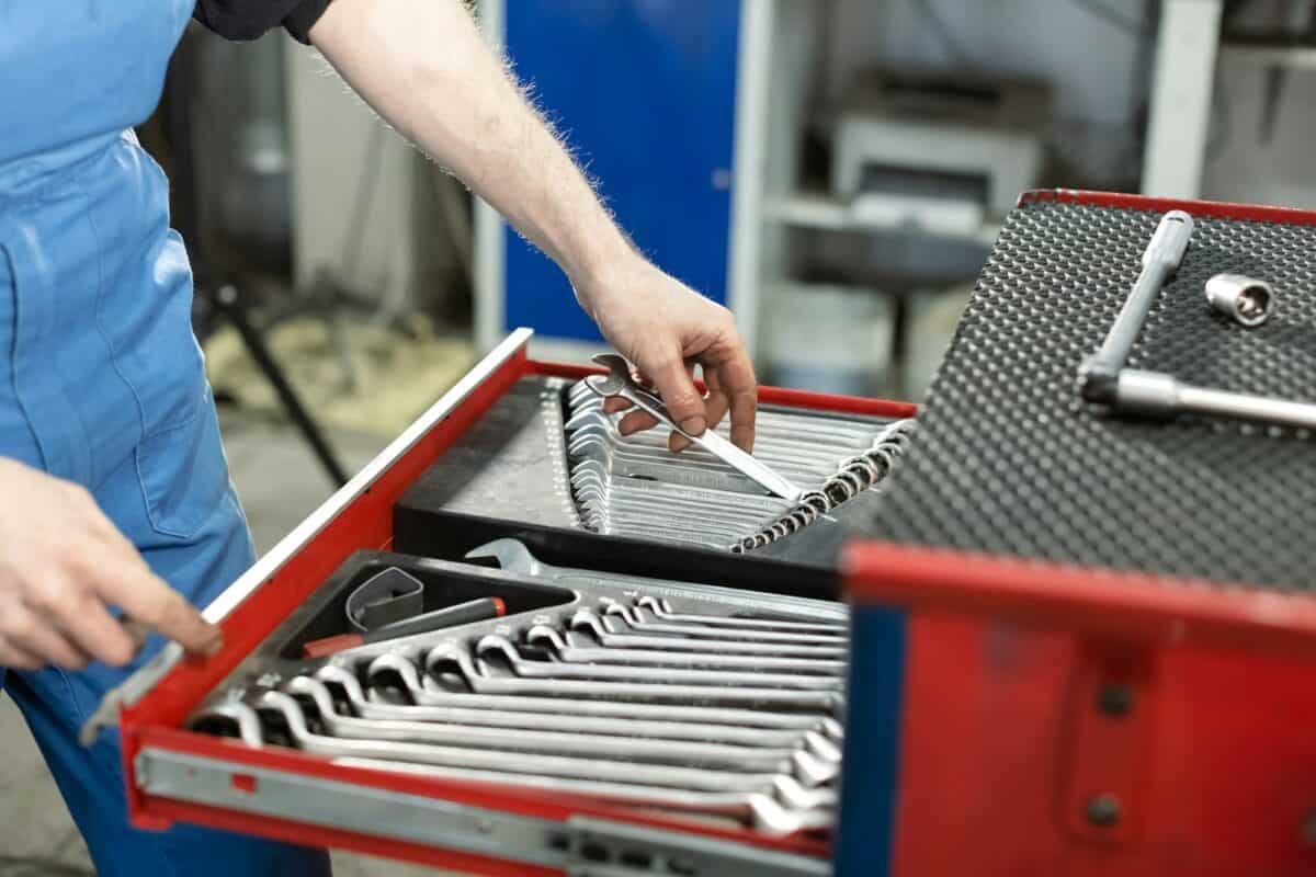 Professional red toolbox. A set of tools for repair in car service.