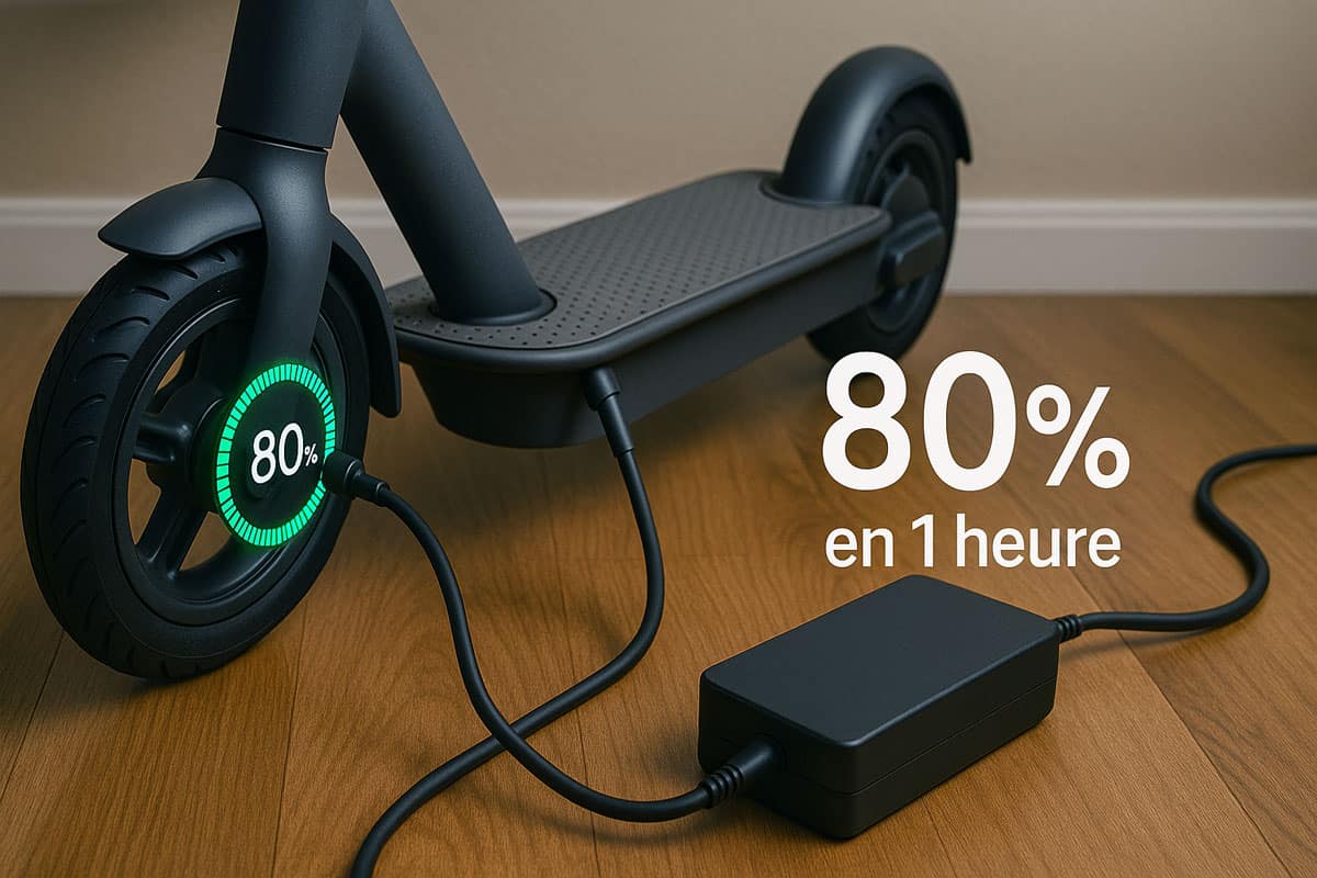 Recharge rapide d'une trottinette électrique, 80% de charge en 1 heure