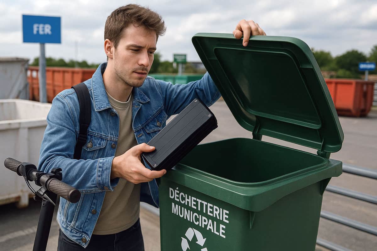 Jeune homme déposant une batterie de trottinette dans un bac de recyclage dans une déchetterie municipale