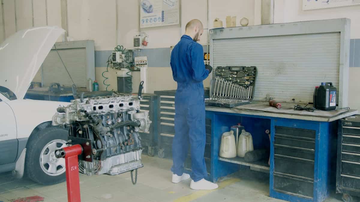 Un homme en bleu de travail choisissant un outil à main